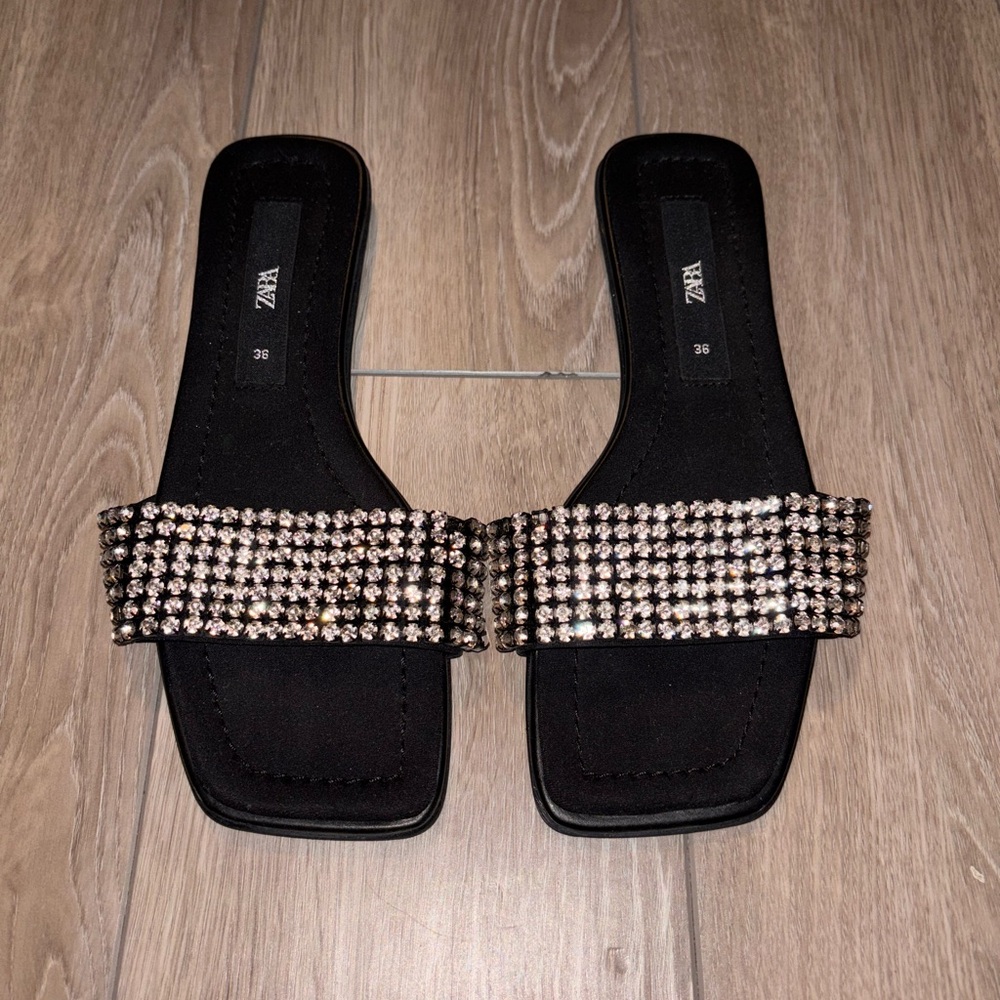 ZARA Black Slides with Silver Rhinestone Embellishments – Size 5.5